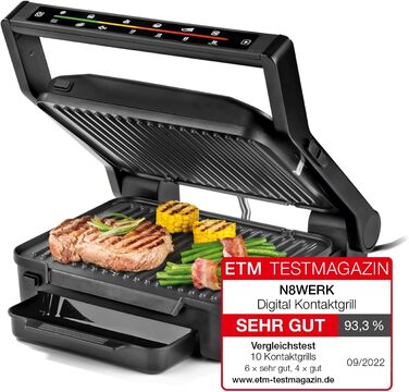 Цифровий контактний гриль N8WERK у версії Midnight 6 програм гриля 2000 Вт Сенсорний дисплей зі світлодіодним зворотним відліком кольору знімні пластини для гриля Антипригарне покриття Піддон для крапель жиру