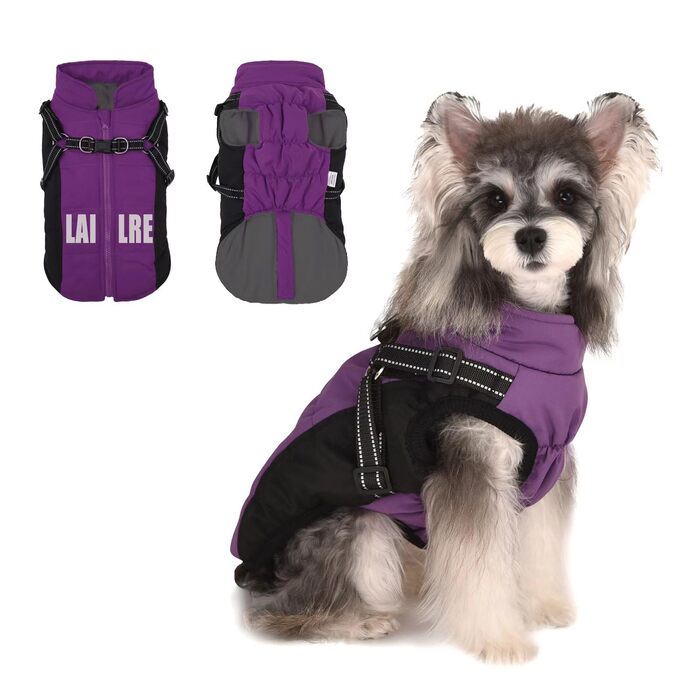 Пальто для собак, куртка для собак, зимове пальто для собак, водонепроникне пальто для собак, шлейка для собак, пальто, пальто для маленьких собак, зимове пальто для собак зі шлейкою для маленьких, середніх та великих собак, L, фіолетовий