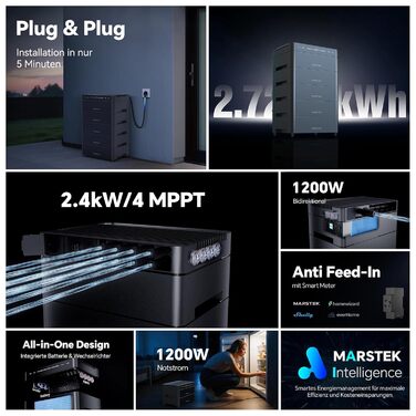 Універсальна балконна електростанція з накопичувачем Venus A (2120 Втгод), можливістю розширення накопичувача до 12,72 кВтгод, 4 MPPT - сонячні входи до 2400 Вт, двонаправлений інверторний зв&39язок змінного струму потужністю 1200 Вт &quotпідключи та прац