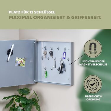 Скринька для ключів Bremermann XL зі скляною передньою частиною, з можливістю запису, 13 гачків, 6 магнітів, 1 маркер, 1 тримач для маркера, металевий корпус, порошкове покриття сірого (білого) кольору