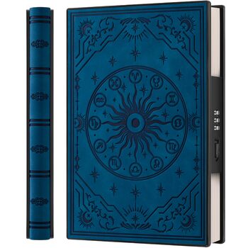 Щоденник формату A5 із кодовим замком та розкладним дизайном на 180, виготовлений із мякої штучної шкіри з тисненням знаків зодіаку ідеально підходить для дорослих, жінок, чоловіків та підлітків, для більшої конфіденційності кольору павиного синього