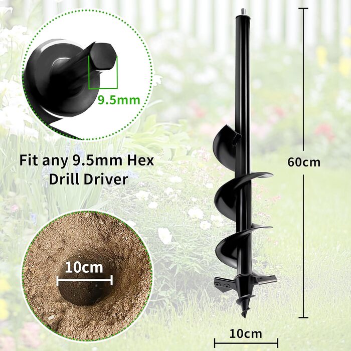 Бурильний свердло SYITCUN 10x60 см для твердого та кам'янистого ґрунту, важкий бур для посадки рослин з подвійним заточуванням, садовий спіральний бур та копач ям, сумісний з патронами 3/8 з шестигранним хвостовиком