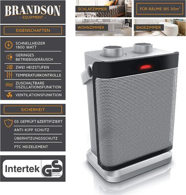 Енергозберігаючий, тихий електричний керамічний обігрівач - Електричний обігрівач з 2 режимами нагріву - Захист від перегріву - Коливання - Термостат - Ванна кімната, спальня, вітальня A Срібний