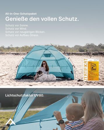 Великий пляжний навіс із захистом від ультрафіолету (UV80) для 3 осіб, включаючи піщані кілочки та сумку на колесах. Захист від сонця для сімей, дітей, немовлят або собак. Світло-блакитний