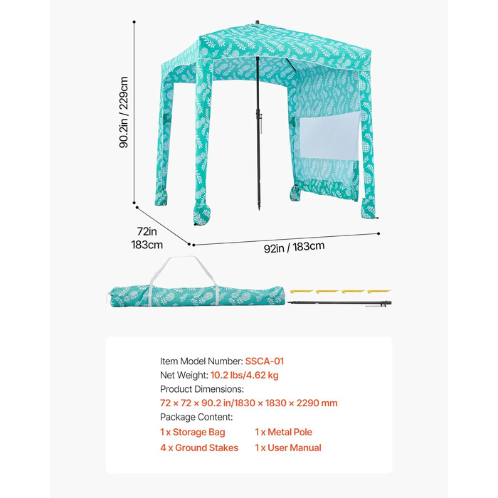 Пляжний навіс VEVOR 183 x 183 см з бічною стінкою, захист від сонця UPF 50, пляжний павільйон з мішками з піском, портативна парасолька від сонця для всієї родини та друзів, світло-зелений візерунок 6*6