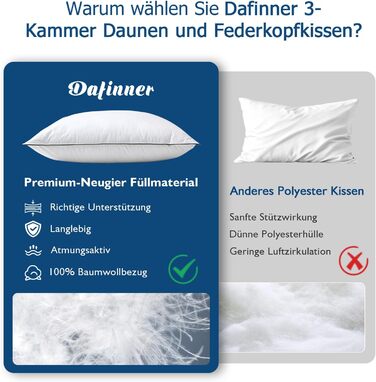 Набір з 2 пухових подушок Dafinner, 3 камери, 40 80 см Зовнішня камера 90 пух Внутрішня камера суміш пера Oeko-TEX Нижня пропускна здатність Середня підтримка Органічна бавовна 40 80 см, 2 шт.