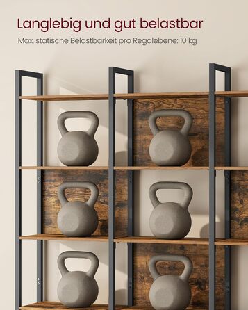 Книжкова полиця VASAGLE, кухонна полиця, окремостояча полиця з 5 відкритими полицями, для коридору, кухні, офісу, міцна сталева рама, промисловий дизайн, 24 x 128 x 154,1 см, вінтажний коричнево-чорний LLS150K01 24 x 128 x 154,1 см (5 рівнів)