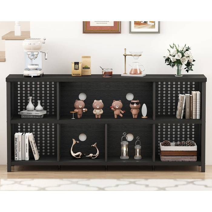 Книжкова полиця LVB з 8 відділеннями, 2-ярусна книжкова шафа, кубічна полиця, полиця-перегородка для кімнати, офісна полиця, горизонтальна, для вітальні, офісу, кабінету, дитячої кімнати, дерев&39яна, чорна, 34Г x 160Ш x 76В