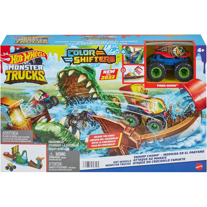 Ігровий набір Hot Wheels Monster Trucks Swamp Attack - вантажівка, що змінює колір, крокодил, човен, чашка для гарячої води, для дітей від 4 років, HGV14