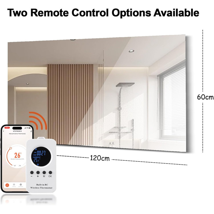 Інфрачервоний обігрівач дзеркала 800 Вт, інфрачервоний обігрівач дзеркала для ванної кімнати з пультом дистанційного керування 120x60 см, електричний обігрівач із захистом від перегріву - WiFi (Tuya Smart) - сертифікований TV. 800 Вт - 120x60 см