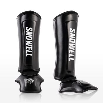 Щитки для гомілок для кікбоксингу синтетична шкіра, подвійна пінопластова підкладка, легкі та гнучкі, для муай-тай, ММА та бойових мистецтв без металевого кільця чорні
