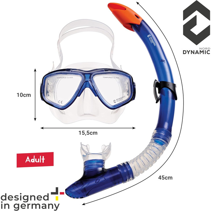 Набір для підводного плавання La Gomera Pro для дорослих - Розроблено в Німеччині Професійний 2-елементний набір для дайвінгу (маска для підводного плавання з двома лінзами, окуляри для підводного плавання, суха трубка та сумка) із захисними лінзами синьо