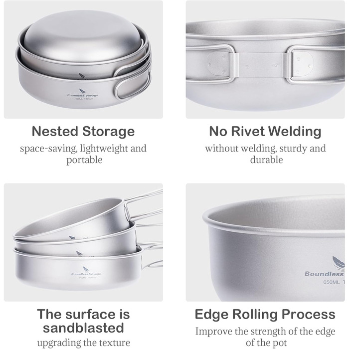 Набір з 3 титанових чаш для кемпінгу та пікніка Boundless Voyage Outdoor Ultralight, титанова каструля