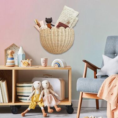 Плетений настінний кошик з ротанга, підвісний кошик у стилі бохо, кошик для квітів, кошик для зберігання, декоративний кошик для вітальні, кухні, дитячої кімнати, ванної кімнати, спальні, коридору (великий x 2)