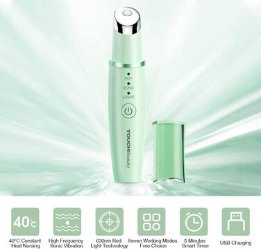 Масажер для очей TOUCHBeauty, ультразвуковий масажер для очей з функцією нагрівання 40 та червоним світлодіодним світловим терапевтичним пристроєм проти старіння проти зморшок, що перезаряджається AG-1980KG (зелений)