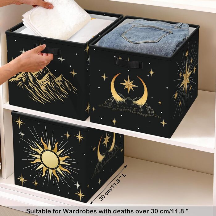 Коробка для зберігання 30 см, 3 шт. и, кошик для зберігання &quotСонце та місяць&quot, небесний, дитячий, складний, сучасний, середини століття, з ручками, куб-органайзер для зберігання іграшок, книг та одягу, чорно-золотистий