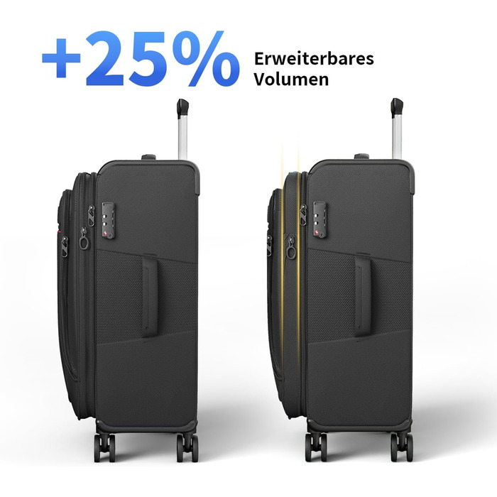 Розширюваний валіза-кейc з мяким корпусом - ручна поклажа, малий розмір 55x38x23 см, тканинний валіза на колесах, водонепроникний, з 4 колесами та TSA замком, обєм 48 літрів, чорний S Чорний