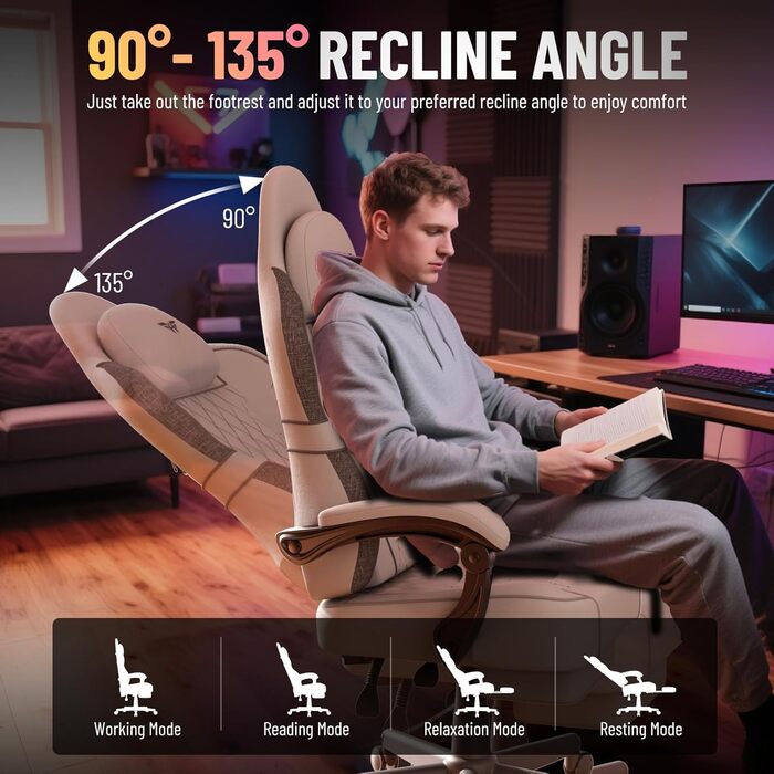 Ігрове крісло Ferghana, ергономічне ігрове крісло, ігрове крісло з регульованим підголівником та поперековою подушкою, підлокітниками, підставкою для ніг, гоночне ігрове крісло для ПК для офісу (біле, бавовна-льон) Біла бавовна