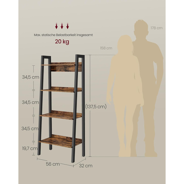 Полиця, 4-ярусна книжкова шафа, шафа для зберігання на ніжках, офіс, вітальня, спальня, кухня, індустріальний стиль, коричневий/чорний LLS054X01 Рустикальний коричневий чорний 34 x 56 x 137,5 см