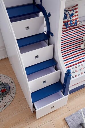 Дитяче двоярусне ліжко JooTech ліжко-горище дитяче ліжко функціональне ліжко зі сходами з полицею з ящиками 3 спальних місця синій