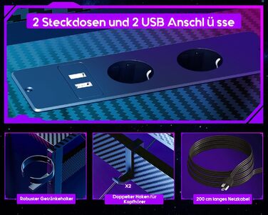 Ігровий стіл ODK 129x129 см, ігровий стіл зі світлодіодом, ігровий стіл для ПК з 2 розетками та 2 портами для зарядки USB, комп'ют