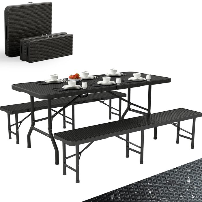 Набір для пивного саду, 3 предмети, 1 пивний стіл 2 пивні лавки, складаний набір для пивного саду з ручками для перенесення, комплект пивних столів 180 см з ротанговим ефектом, водонепроникний, чорний. 1 пивний стіл 2 пивні лавки, чорний.