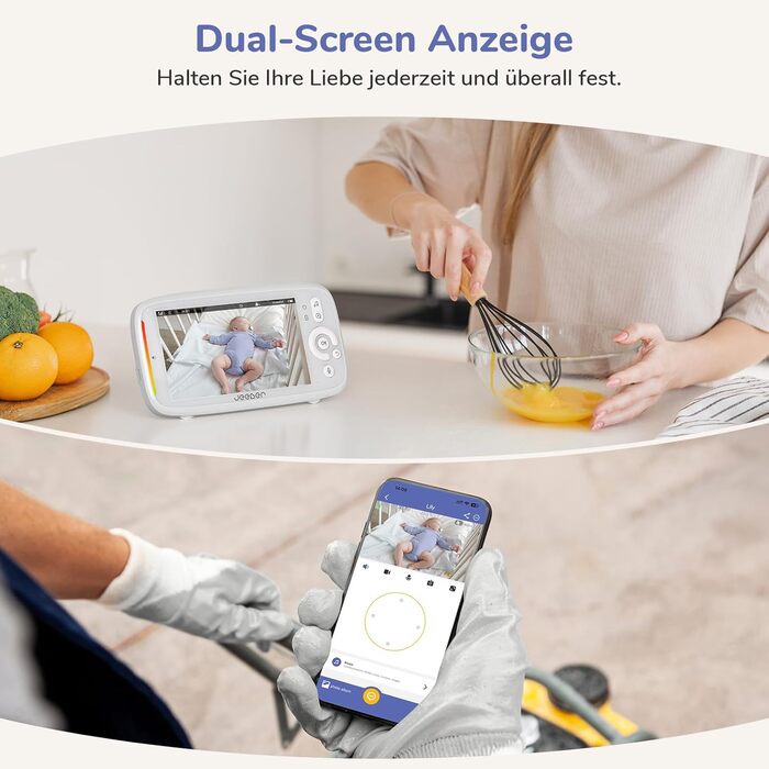 Радіоняня Jeeber 2K/3MP із камерою та додатком Без підписки, 5-дюймова відеоняня з нічним баченням HDR, виявлення плачу/руху/шуму,