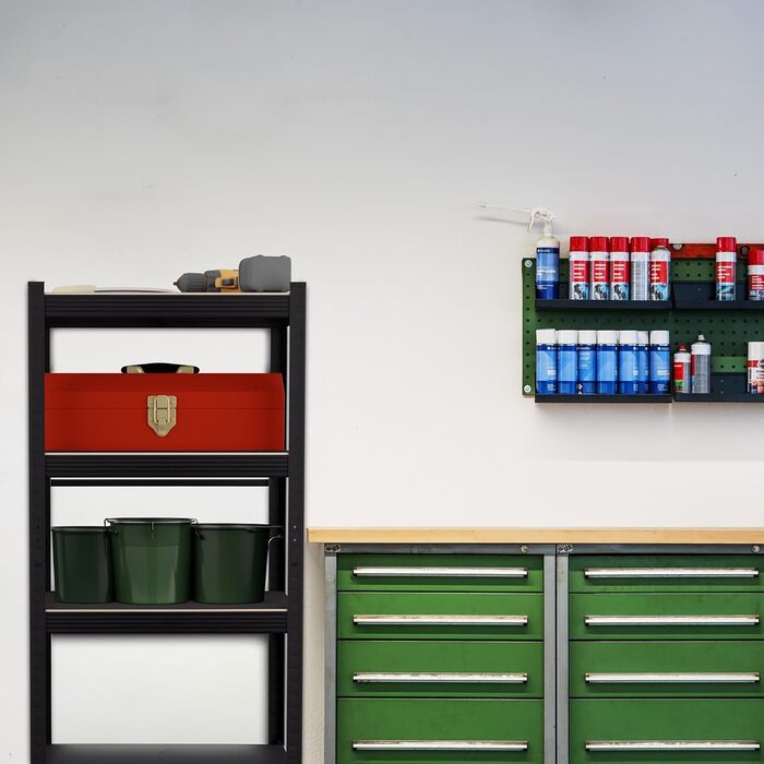 Міцний стелаж Relaxdays, ВxШxГ 120x60x40 см, 4 полиці, сталь, чорний 1000 кг, полиця для зберігання в підвалі, гаражі, підключається до розетки