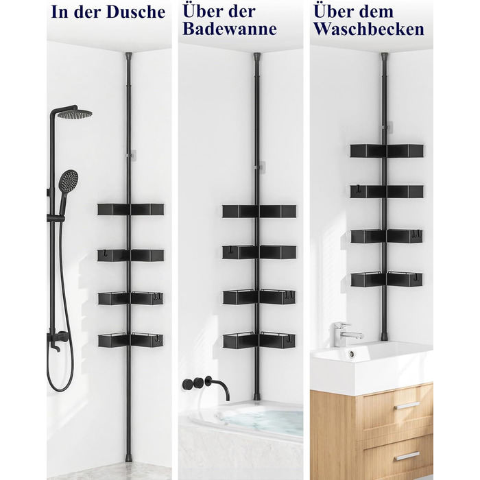 Кутова полиця для душу Kitsure з телескопічною стійкою, регульована по висоті, металеві кошики, монтаж без свердління, висота 87-290 см, ширина 24.6 см, чорний колір (24.6 x 24.6 x 290 см)