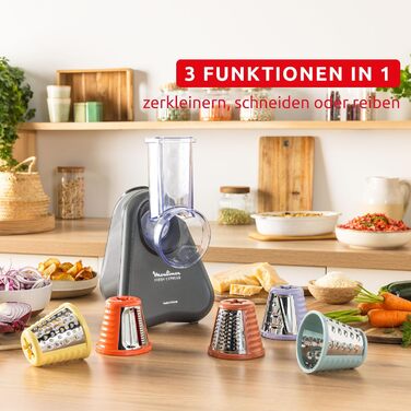 Електрична овочерізка Moulinex Fresh Express 5-в-1, система прямого подавання, подрібнення, нарізка, тертя та гофрування, система зберігання кабелю, аксесуари можна мити в посудомийній машині, сірий, DK855HE0