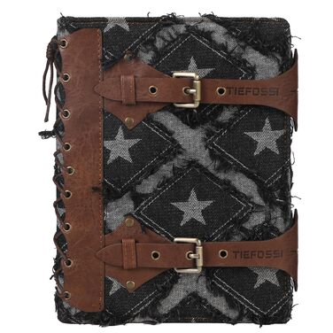 Джинсовий щоденник TIEFOSSI для жінок та чоловіків вінтажний блокнот зі штучної шкіри з механізмом на 6 кілець, лінійкою для коледжу, з можливістю поповнення та внутрішніми кишенями (17,8 x 23,5 см) чорного кольору