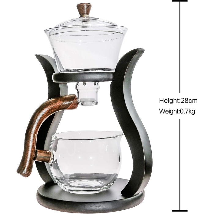 Набір для чаю Ледачий Кунг-Фу RORA зі скляним чайником, магнітним водопроводом, обертовою кришкою та напівавтоматичним механізмом, дерев'яний дизайн