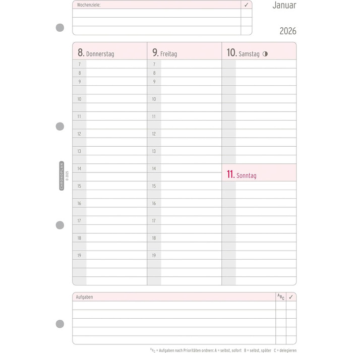 Вкладиш-календар Chronoplan 50706 2026 (Щотижневий планувальник A4 (210x297 мм) Змінний календар для планувальників зустрічей, ідеально підходить для детального щотижневого планування, 1 тиждень на 2 сторінках у колонках, з універсальним перфоратором) біл