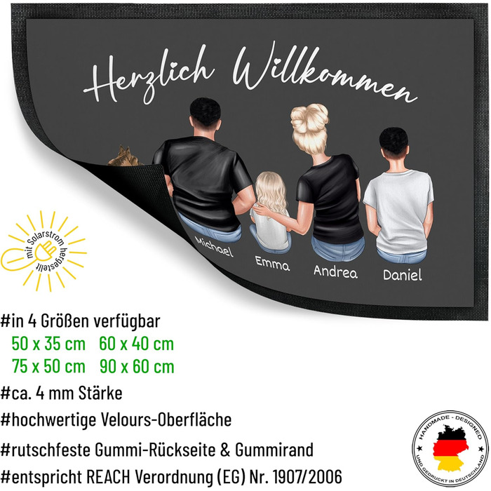 Килимок для дверей Сімейний від True Statements - персоналізований фігурками, іменами, собакою, котом - сімейний килимок для дверей, килимок для дверей, подарунок на новосілля, килимок для уловлювання бруду в нову квартиру - тонкий, нековзний, 50 x 35 см 