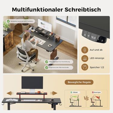 Електрично регульований по висоті стіл Agilestic, 100 x 60 см з рухомою підставкою для монітора, стіл для роботи стоячи з 2 кнопками пам&39яті, 2-секційна стільниця, стіл для домашнього офісу, чорний 100 x 60 см