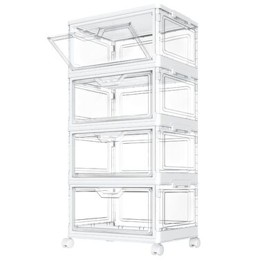 Коробки для зберігання з кришками 4-ярусні штабелювані пластикові коробки, прозорі об&39ємом 23 л, великі контейнери-органайзери для спальні, вітальні, ванної кімнати, 4 яруси та 1 кришка, 23 л/ярус, 4-ярусні