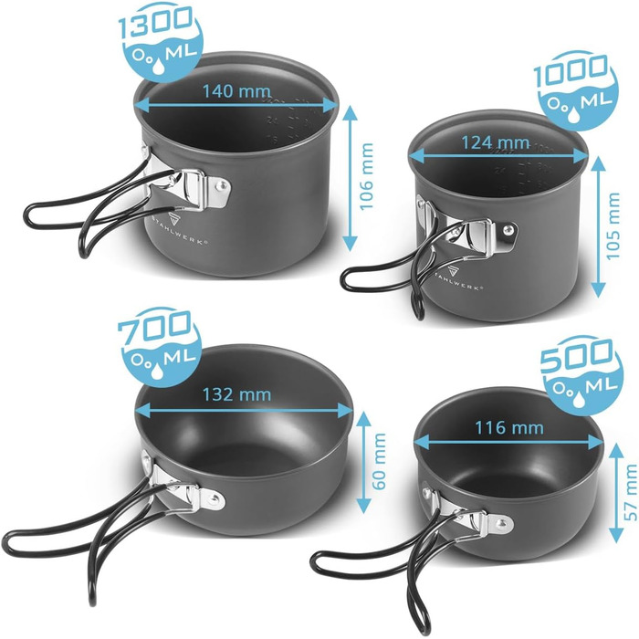 Набір похідного посуду STAHLWERK з алюмінію, 4 предмети каструлі з антипригарним покриттям, кришки. Посуд для приготування їжі на відкритому повітрі, туристичний набір каструль та сковорідок.