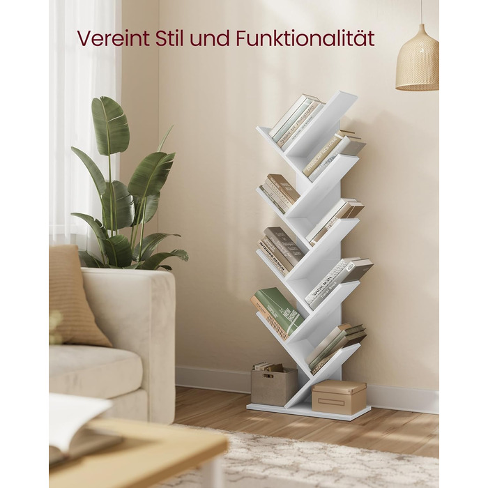 Книжкова полиця VASAGLE у формі дерева, 9-ярусна окремостояча полиця, компактна кутова полиця, полиця для зберігання речей у спальні, вітальні, домашньому офісі, хмарно-білий колір LBC11WTV1 9 ярусів (25 Г x 50 Ш x 141,5 В см) хмарно-білий колір
