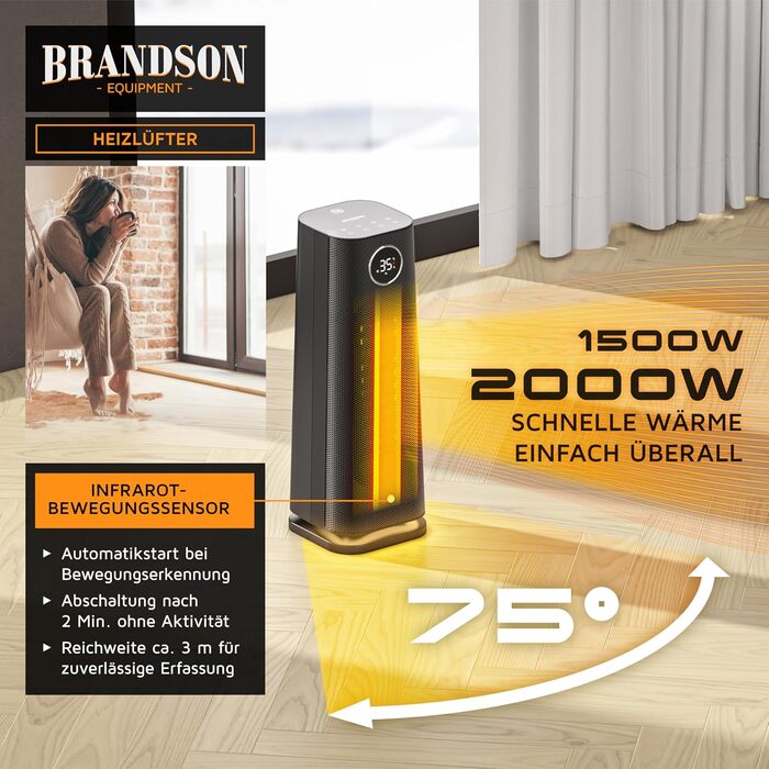 Тепловентилятор з пультом дистанційного керування - Лауреат нагород - ECO режим, енергозбереження, тихий - 2000 Вт - Коливання - Блокування від дітей - Таймер - Світлодіодне освітлення - Ванна кімната, вітальня, офіс, дитяча кімната