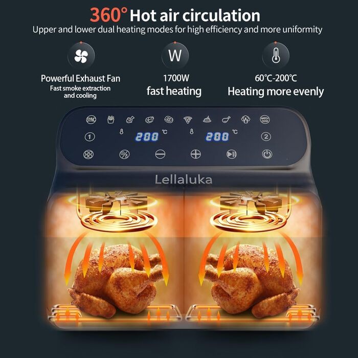 Двокамерна фритюрниця Lellaluka, фритюрниця, 2-камерна фритюрниця 8 л, яка може готувати одночасно з видимим вікном, сенсорним екраном і функцією зневоднення