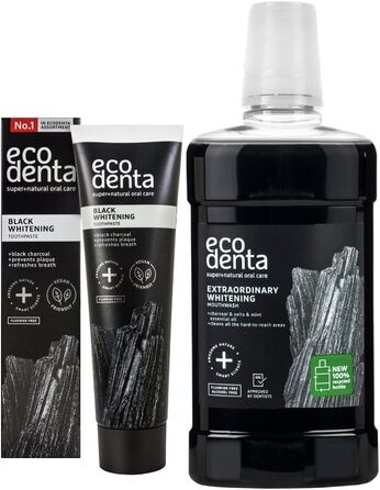 Косметичний набір для гігієни порожнини рота Ecodenta Black Whitening i Відбілювання зубів з чорним вугіллям 100 мл і ополіскувач для рота з чорним антрацитом, 500 мл i Набір для відбілювання зубів з активованим вугіллям чорного кольору x2