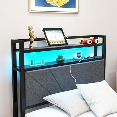 М&39яке ліжко 90x200 см, металеве ліжко, односпальне ліжко, каркас ліжка зі світлодіодним освітленням та зарядною станцією, каркас ліжка з місцем для зберігання речей, дитяче ліжко, гостьове ліжко, каркас ліжка з узголів&39ям, темно-сірий колір 90 x 200 с