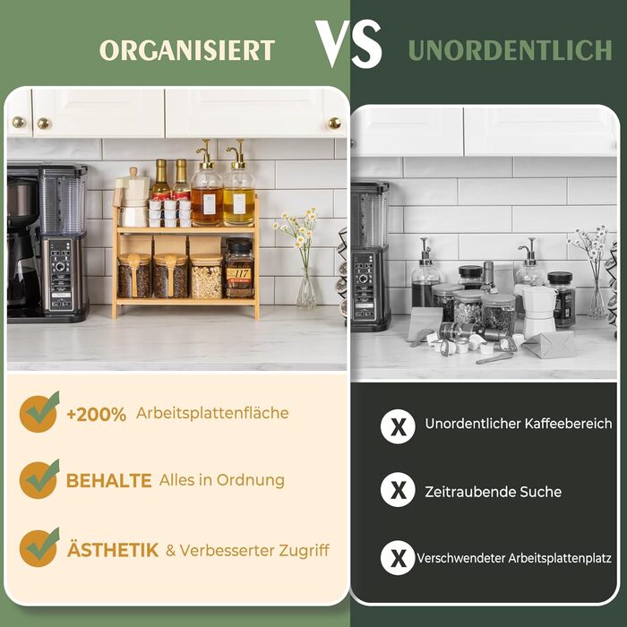 Бамбуковий кухонний органайзер, 2-рівнева полиця для чашок та спецій, підходить для зберігання аксесуарів для матчі та кави на кухні, вдома та в офісі