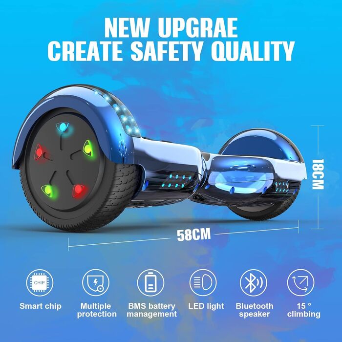 Гіроскутер GeekMe з сидінням – гіроскутери-говеркарт з Bluetooth-динаміком та світлодіодними ліхтарями, подарунок для дітей, підлітків та дорослих, синій