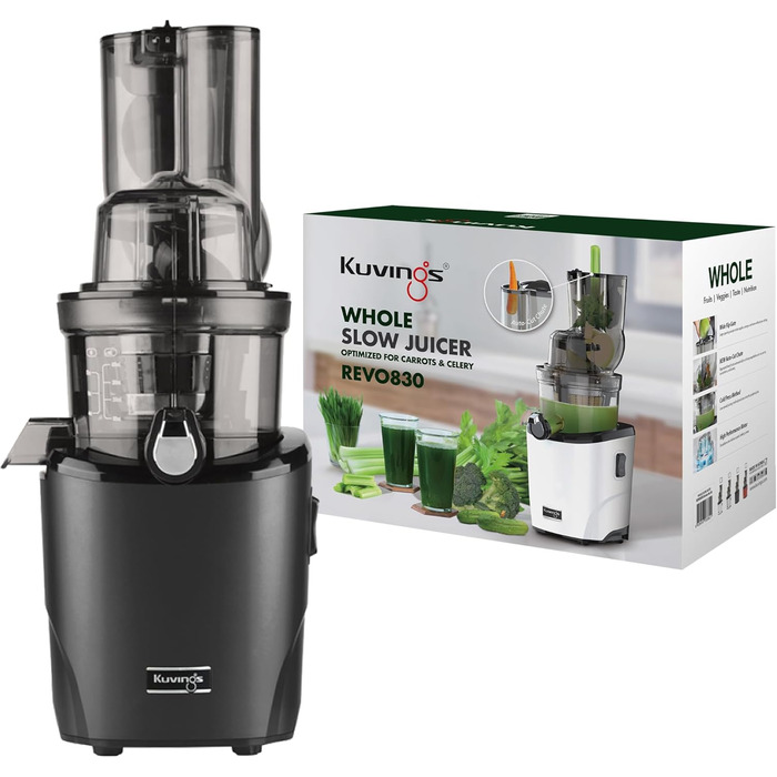 Соковижималка Kuvings REVO830 Slow Juicer - електрична соковижималка з потужним двигуном для цілих фруктів і овочів, потужність 240 Вт (чорний матовий)