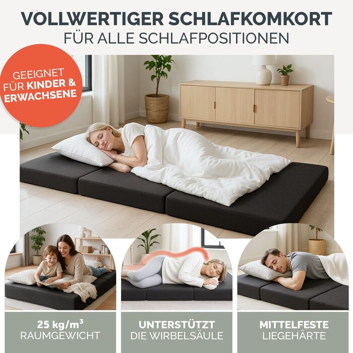 Розкладний матрац Blumtal 140x200 см - 3-секційний розкладний матрац для гостей, надзвичайно товстий (15 см) - розкладний матрац з пінопласту, що дбає про спину - Розкладний матрац чохол антрацитового кольору, приємний для шкіри та пральний, 140 x 200 x 1