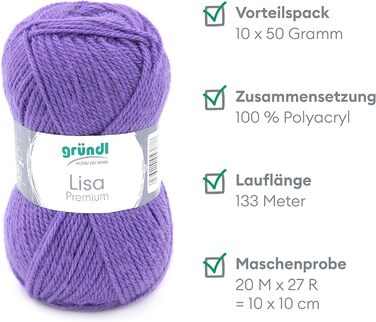 Пряжа Grndl Lisa Premium Uni Knitting & Chet Yarn (м'яка і вовняна характер, проста в догляді миється трикотажна пряжа з 100 поліакрилу, 50 г/ 133 м, розмір голки 3,5 - 4,5, 10 клубків по 50 г кожен), (фіолетовий 43)