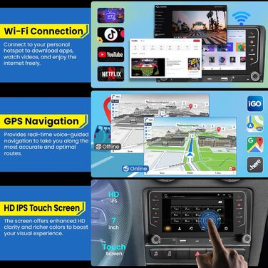 Автомагнітола 464 ГБ для Audi A3 S3 RS3 2003-2012 з бездротовим Carplay та Android Auto, Android 13 7-дюймовий IPS-навігатор з GPS-навігацією, голосовим керуванням SWC, камерою заднього виду, Bluetooth 5.2, Handsfree, WiFi, A3 7 дюймів