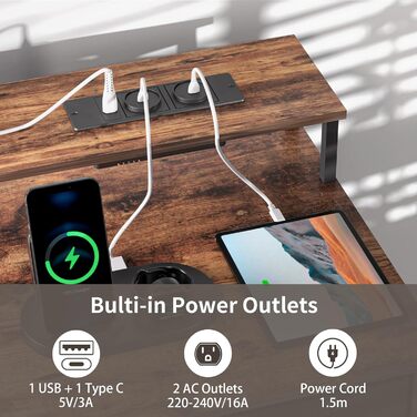 Ігровий стіл BEXEVUE з розетками та світлодіодним освітленням - 120x50 см Сучасний комп&39ютерний стіл з лотком для клавіатури, 4 двосторонні шухляди, велика полиця для зберігання речей для навчання, ігор, роботи, спальні, домашнього офісу 120 x 50 см Кор