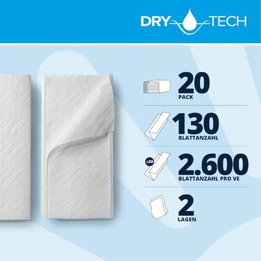 Паперові рушники DRYTECH Z-подібного форми, целюлоза, хвилеподібне тиснення, 2-шарові, білі (упаковка 2600 шт.) 130 аркушів (упаковка з 20) Паперові рушники Dry Tech Z-подібного форми, 407551